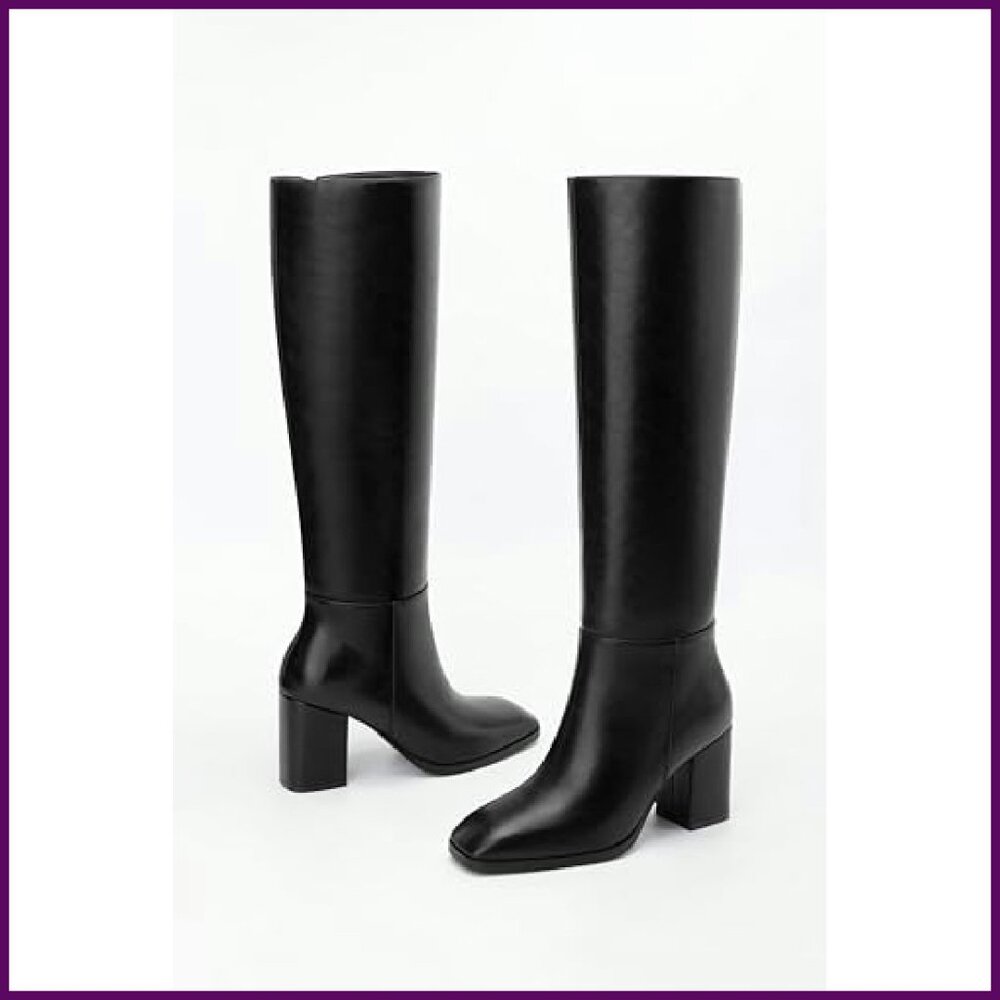 Knee High Boots Chunky Heel Square Toe 3 Inch Side Zipper Tall Boots - Picture 6 of 7